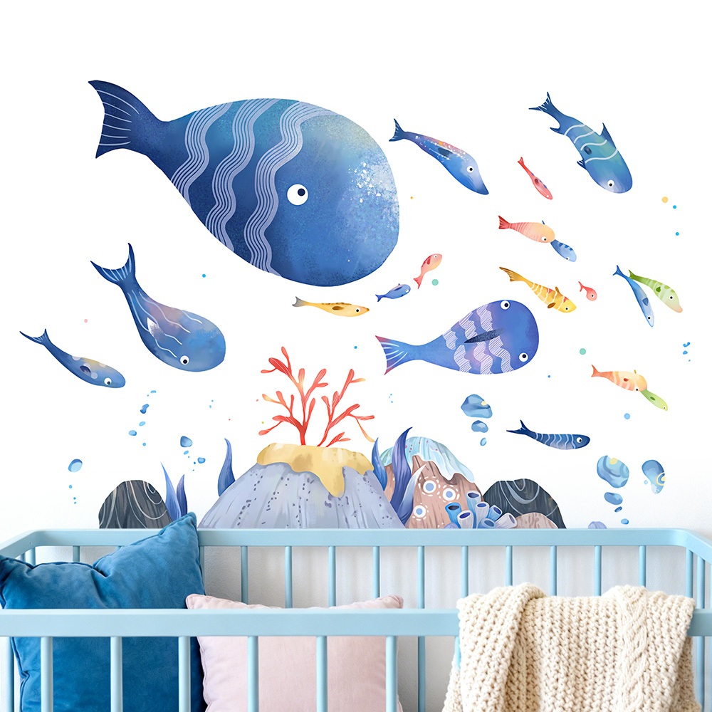Decal Dán Tường Chủ Đề Cá Và Đại Dương Có Keo Sẵn 128x85cm - Trang Trí Phòng Ngủ, Khu Vui Chơi