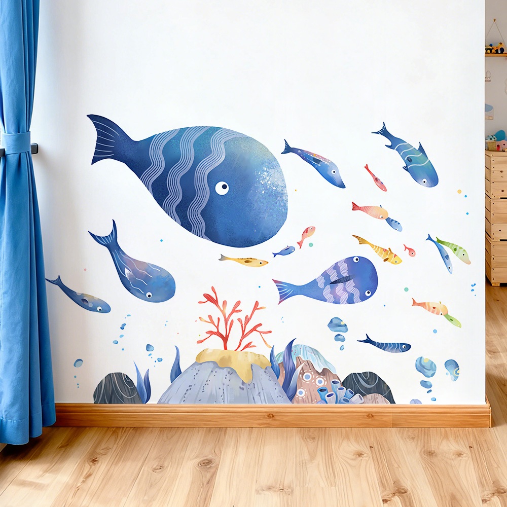 Decal Dán Tường Chủ Đề Cá Và Đại Dương Có Keo Sẵn 128x85cm - Trang Trí Phòng Ngủ, Khu Vui Chơi