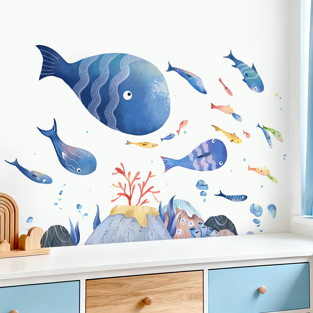 Decal Dán Tường Chủ Đề Cá Và Đại Dương Có Keo Sẵn 128x85cm - Trang Trí Phòng Ngủ, Khu Vui Chơi