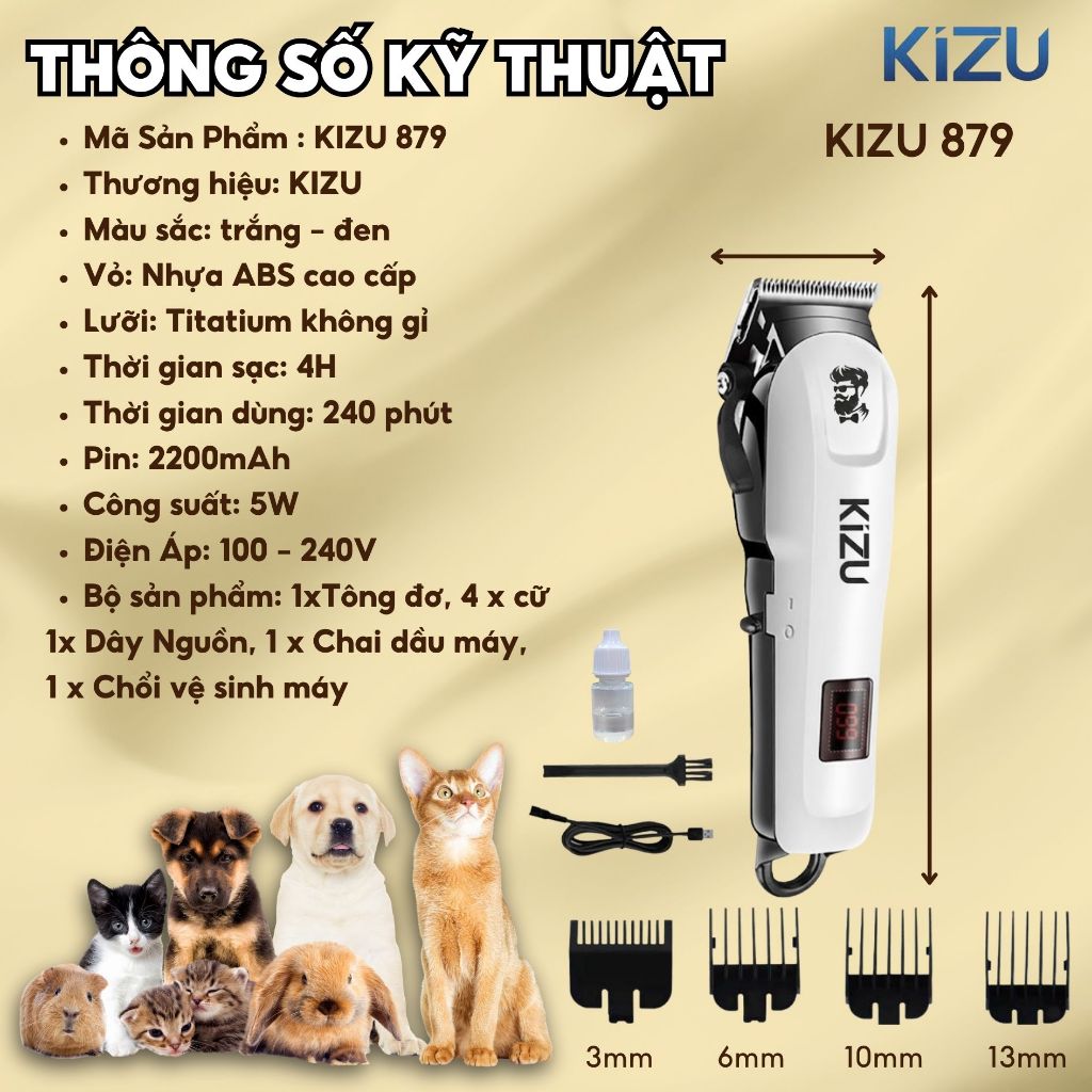 Tông Đơ Cắt Lông Chó Kizu K879, Máy Cạo Lông Thú Cưng Ít Ồn, Sạc Pin, Lưỡi Sắc Bén Grooming Tại Nhà