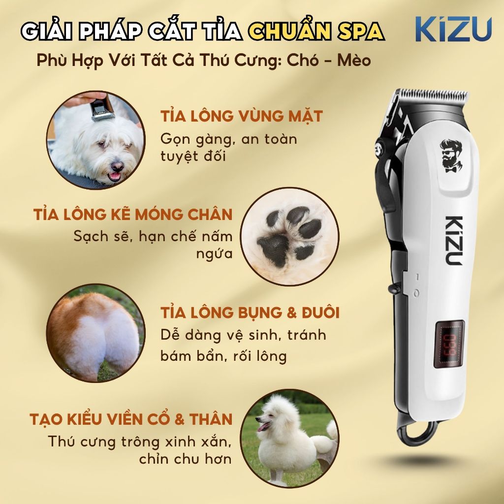 Tông Đơ Cắt Lông Chó Kizu K879, Máy Cạo Lông Thú Cưng Ít Ồn, Sạc Pin, Lưỡi Sắc Bén Grooming Tại Nhà