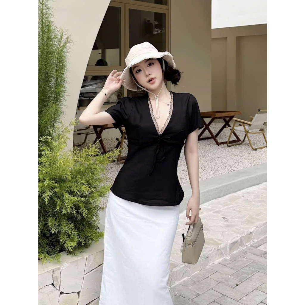 Áo Didi Top ( chất vải linen) phong cách Hàn Quốc cổ V kèm dây rút A5636