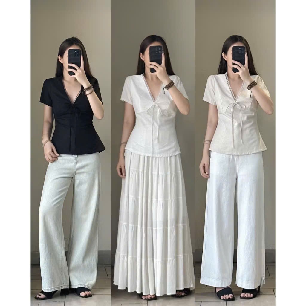 Áo Didi Top ( chất vải linen) phong cách Hàn Quốc cổ V kèm dây rút A5636