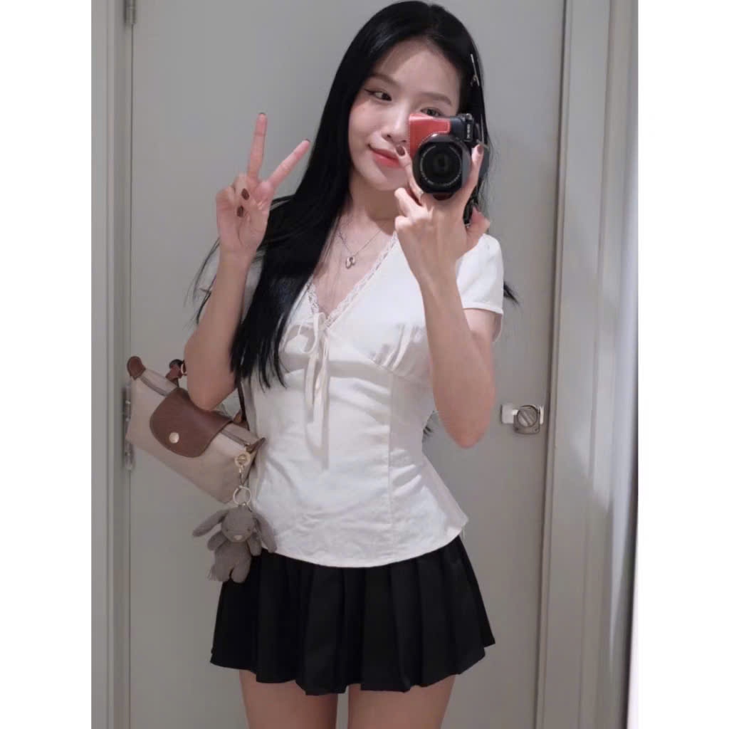 Áo Didi Top ( chất vải linen) phong cách Hàn Quốc cổ V kèm dây rút A5636