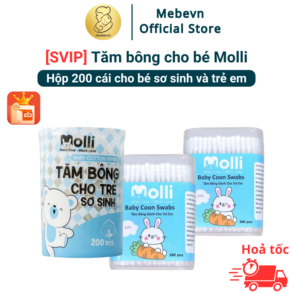 [SVIP] Tăm bông Molli 200 cái, Tăm bông cho bé sơ sinh, tăm bông 2 đầu cho bé, bông ngoáy tai cho bé