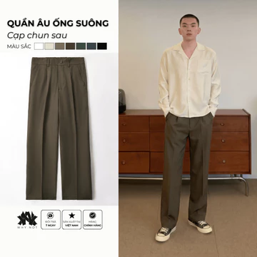 QUẦN ÂU NAM ỐNG SUÔNG MÀU NÂU TÂY, QUẦN TÂY NAM ỐNG RỘNG CẠP NỬA CHUN, QUẦN ÂU CÔNG SỞ VẢI COTTON HÀN CAO CẤP