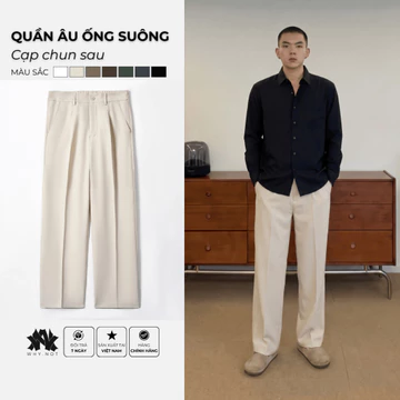 QUẦN ÂU NAM ỐNG SUÔNG MÀU BE, QUẦN TÂY NAM ỐNG RỘNG CẠP CHUN SAU, QUẦN ÂU CÔNG SỞ VẢI COTTON HÀN CAO CẤP