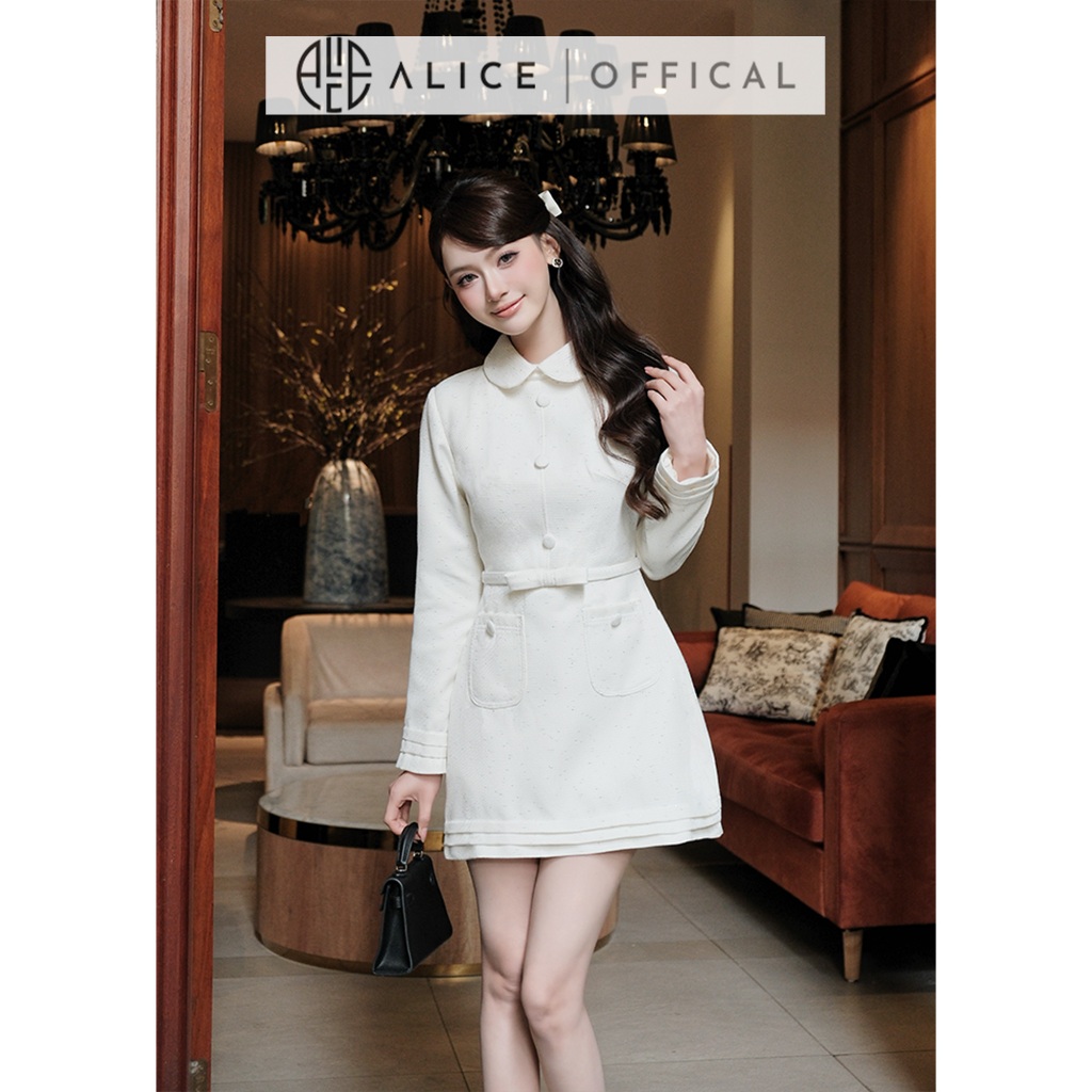 Váy Chữ A Dáng Ngắn Alice Chất Dạ Tweed Cao Cấp, Đầm Dài Tay Cổ Sen Đính Nơ Eo Tôn Dáng V1446
