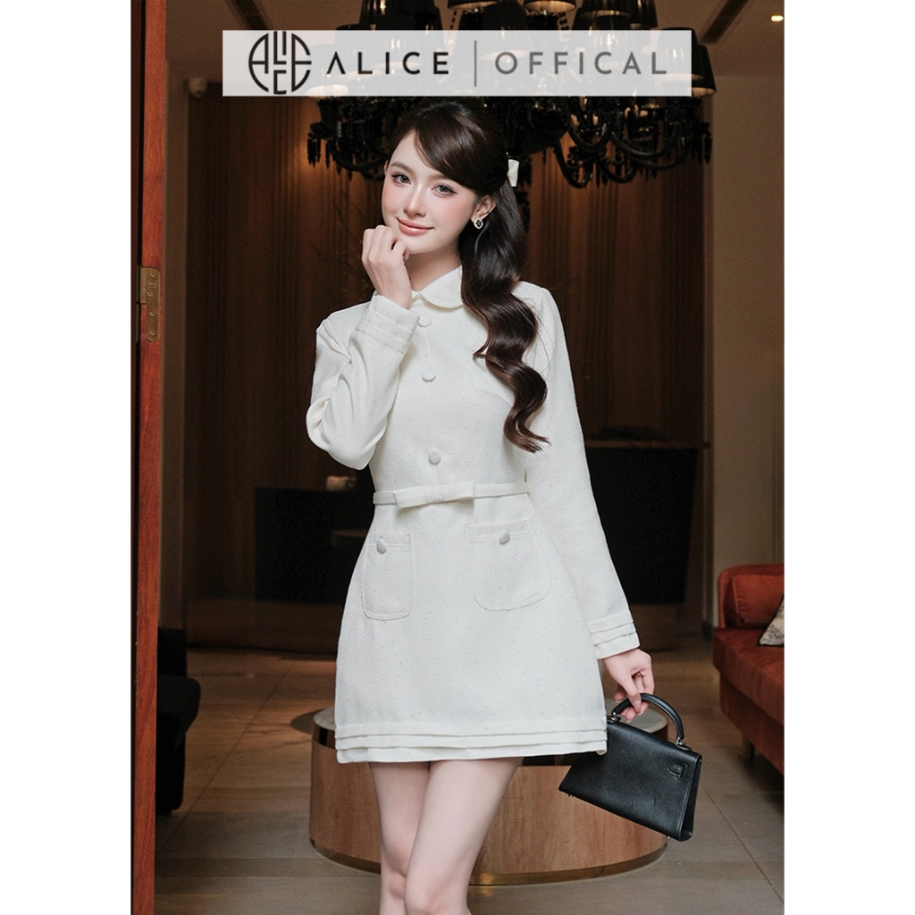 Váy Chữ A Dáng Ngắn Alice Chất Dạ Tweed Cao Cấp, Đầm Dài Tay Cổ Sen Đính Nơ Eo Tôn Dáng V1446