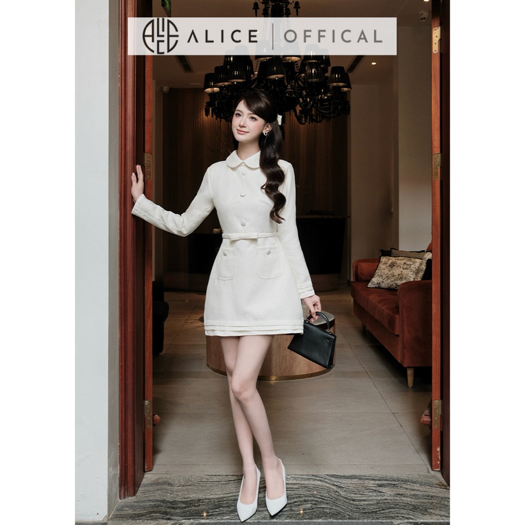 Váy Chữ A Dáng Ngắn Alice Chất Dạ Tweed Cao Cấp, Đầm Dài Tay Cổ Sen Đính Nơ Eo Tôn Dáng V1446