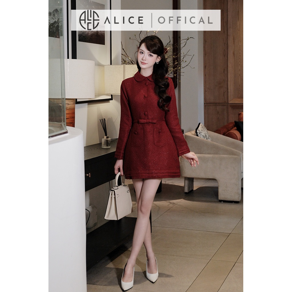 Váy Chữ A Dáng Ngắn Alice Chất Dạ Tweed Cao Cấp, Đầm Dài Tay Cổ Sen Đính Nơ Eo Tôn Dáng V1446