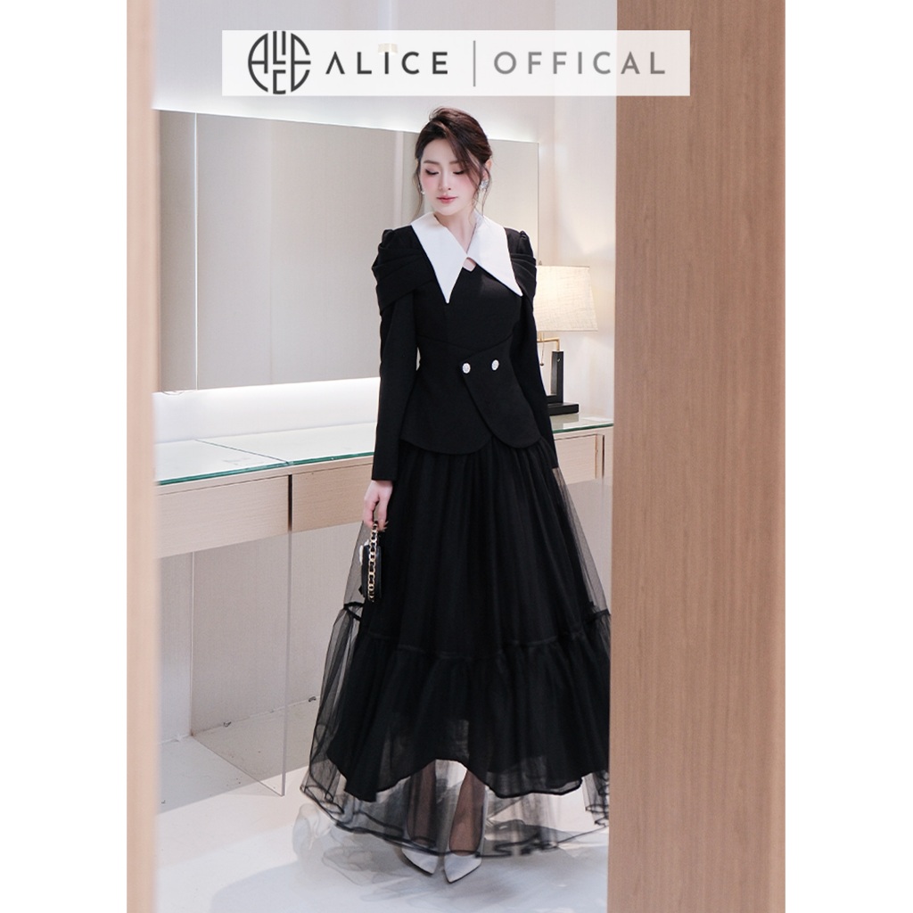 Set Váy Tiểu Thư Alice Áo Chất Chéo Rubi Dáng Peplum Phối Trắng Tay Dài Bồng, Chân Váy Lưới Dáng Dài A1054+CV1039