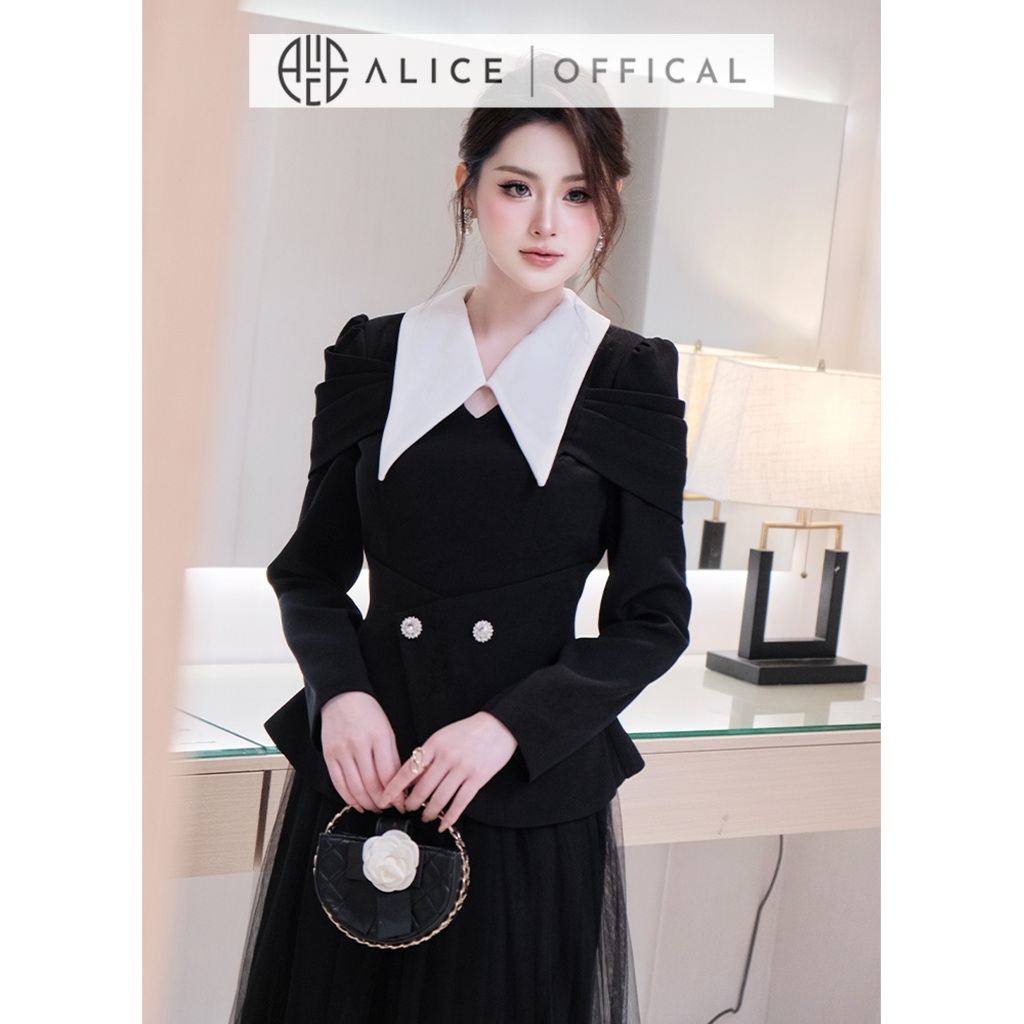 Set Váy Tiểu Thư Alice Áo Chất Chéo Rubi Dáng Peplum Phối Trắng Tay Dài Bồng, Chân Váy Lưới Dáng Dài A1054+CV1039