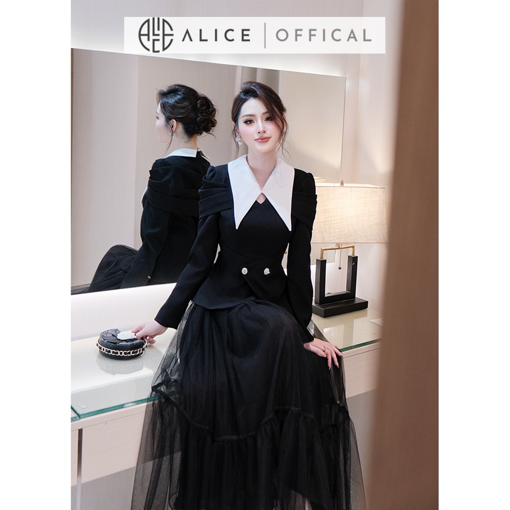 Set Váy Tiểu Thư Alice Áo Chất Chéo Rubi Dáng Peplum Phối Trắng Tay Dài Bồng, Chân Váy Lưới Dáng Dài A1054+CV1039