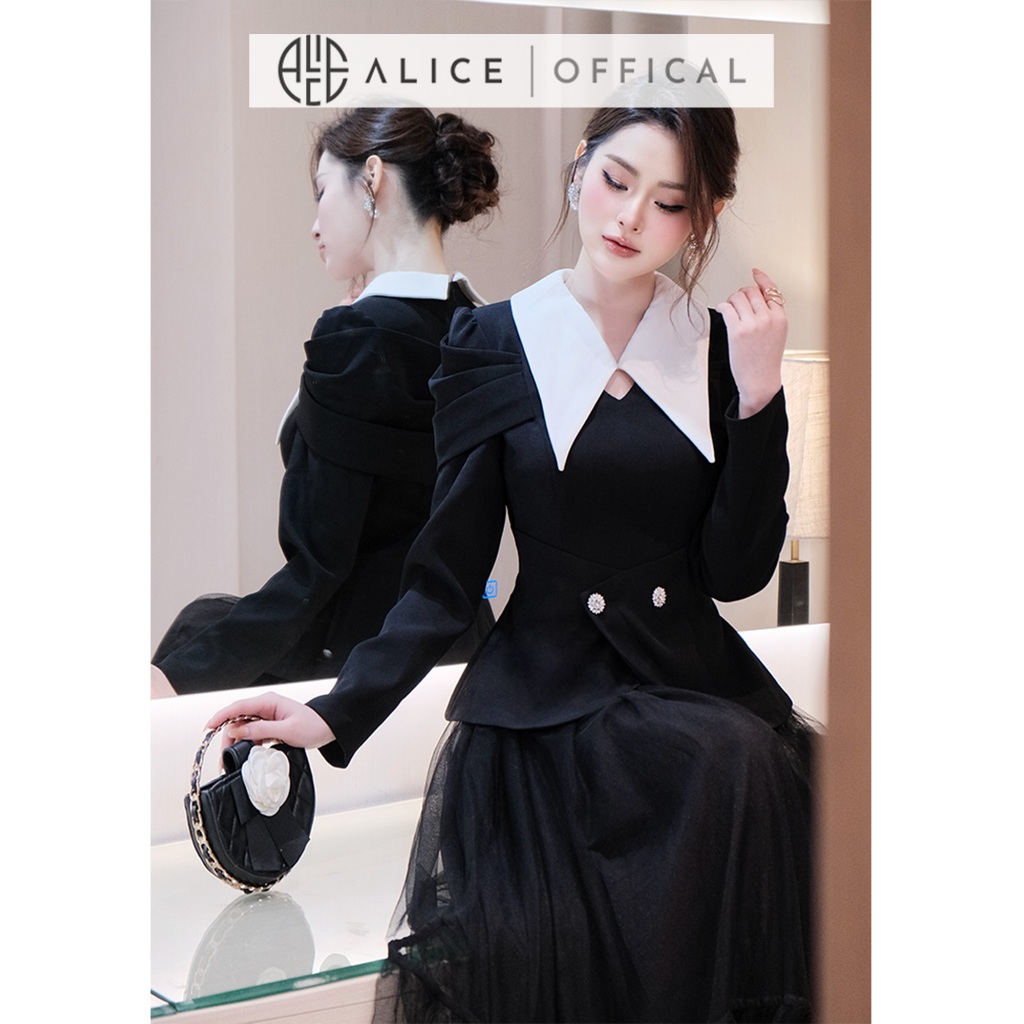 Set Váy Tiểu Thư Alice Áo Chất Chéo Rubi Dáng Peplum Phối Trắng Tay Dài Bồng, Chân Váy Lưới Dáng Dài A1054+CV1039