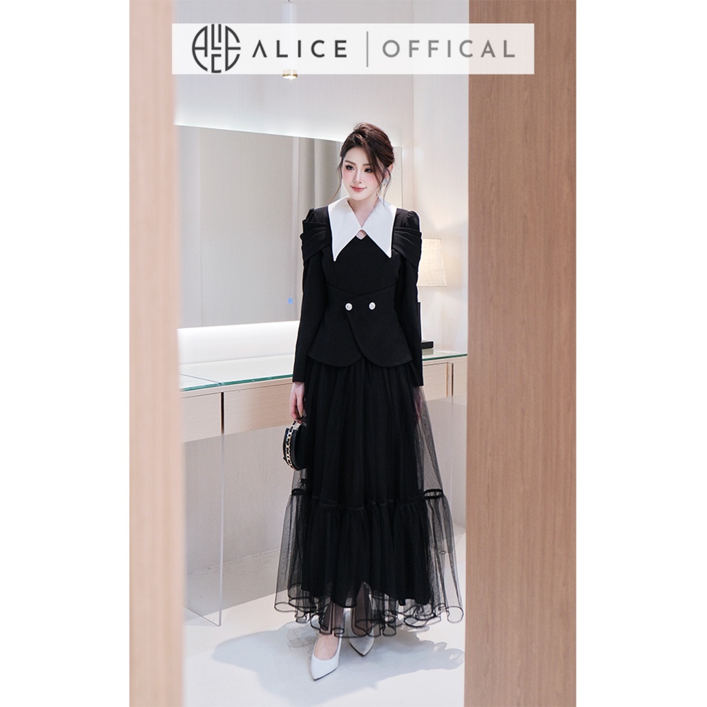 Set Váy Tiểu Thư Alice Áo Chất Chéo Rubi Dáng Peplum Phối Trắng Tay Dài Bồng, Chân Váy Lưới Dáng Dài A1054+CV1039