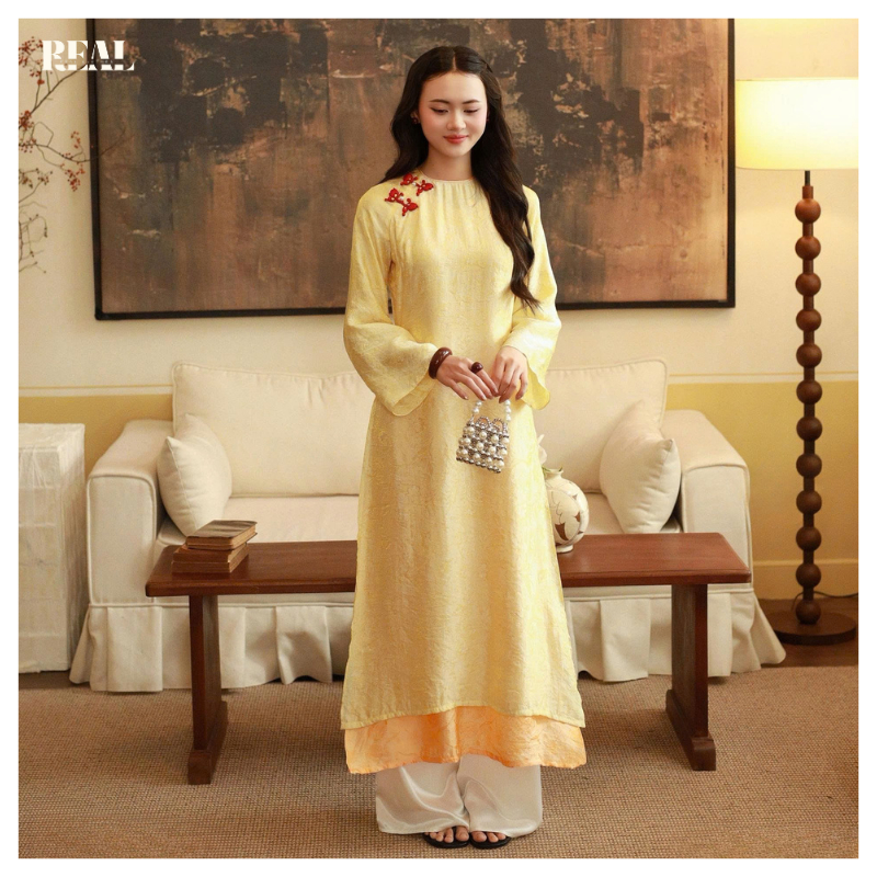 Áo dài 2 tà nút hoa tay loe cổ tròn REAL CLOTHES (tổng hợp màu), trẻ trung, thanh lịch