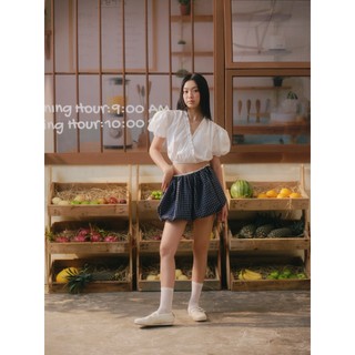 Quần OLV ngắn cạp trễ trẻ trung Navy Checked Drawstring Shorts phù hợp đi chơi