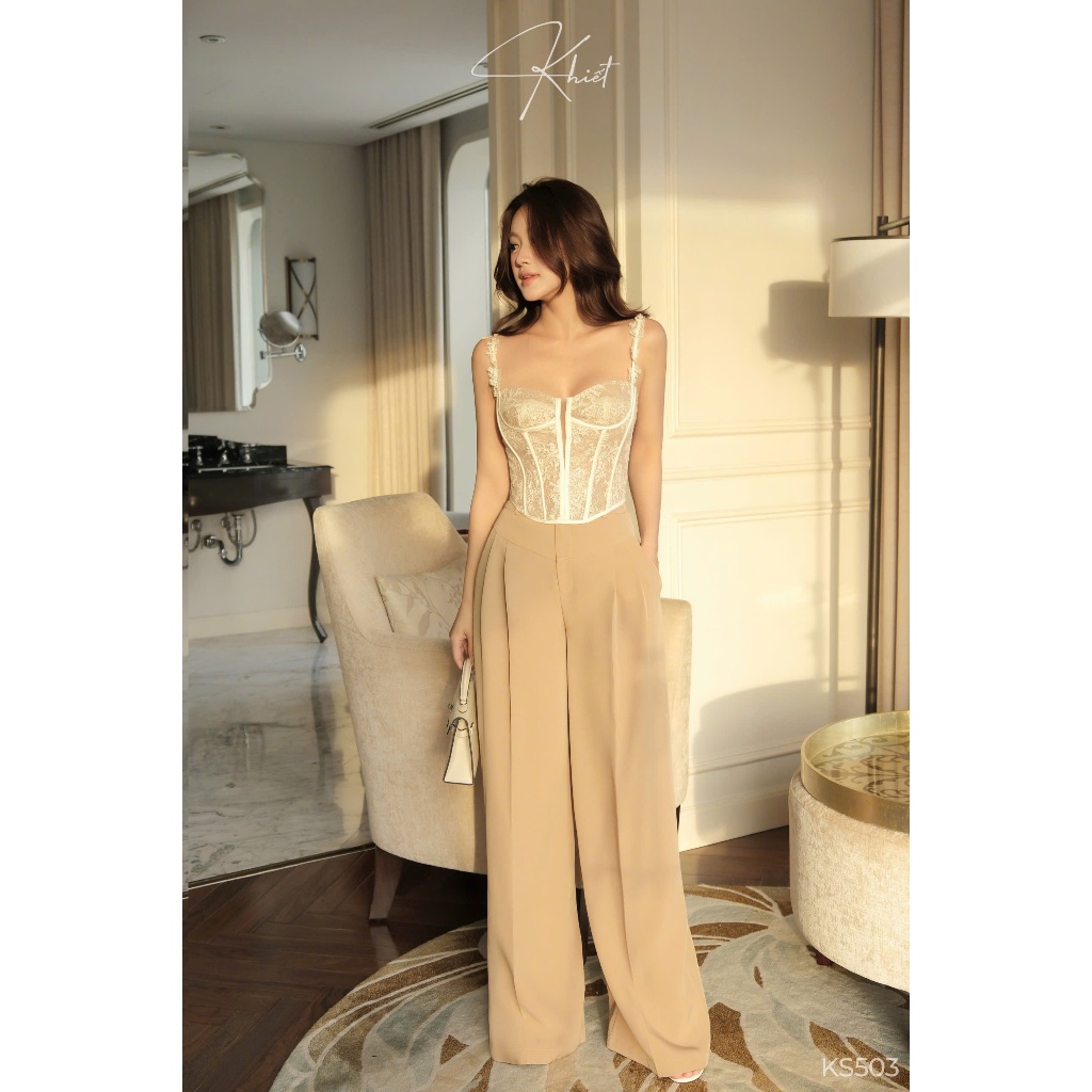 Set áo corset ren 2 dây Khiết phối quần suông dài nâu be phong cách quyến rũ KS503