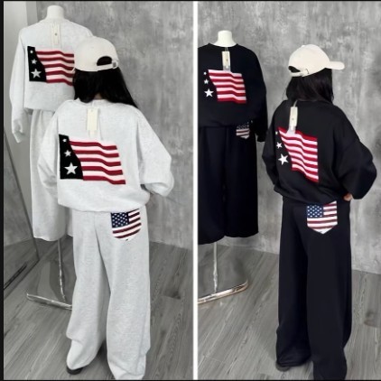 Sét Áo Nỉ Cổ Tròn In Cờ Mỹ Giả Thêu Cực Đẹp Phối Quần Dài Túi Lá Cờ Unisex Nam Nữ From Rộng Hottrend 2026
