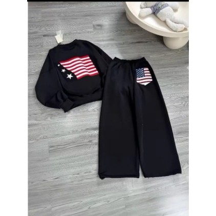 Sét Áo Nỉ Cổ Tròn In Cờ Mỹ Giả Thêu Cực Đẹp Phối Quần Dài Túi Lá Cờ Unisex Nam Nữ From Rộng Hottrend 2026