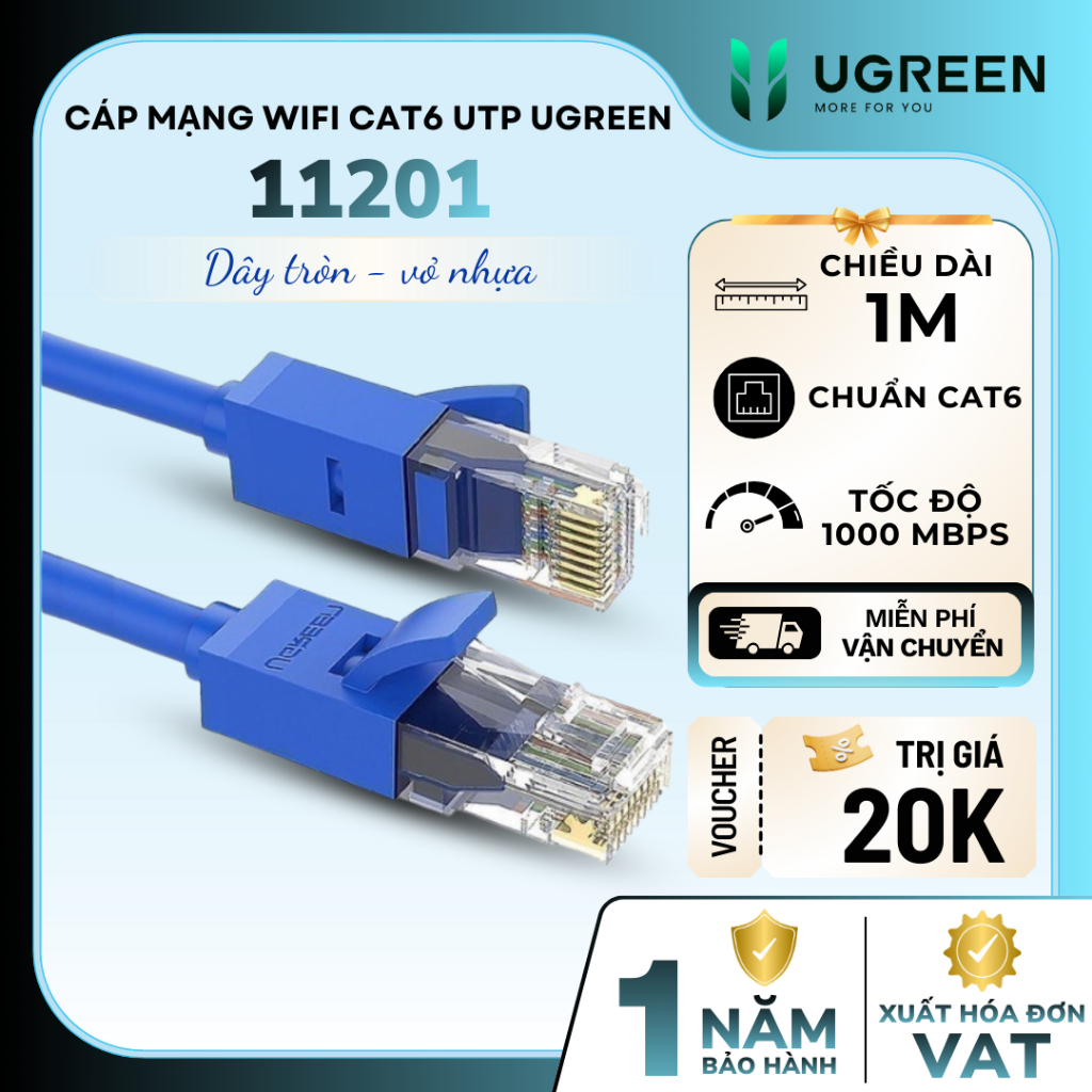 Dây cáp mạng Wi-Fi Cat6 UTP Ugreen 11201 | Dài 1m, Tốc độ 1 Gbps, Phù ...