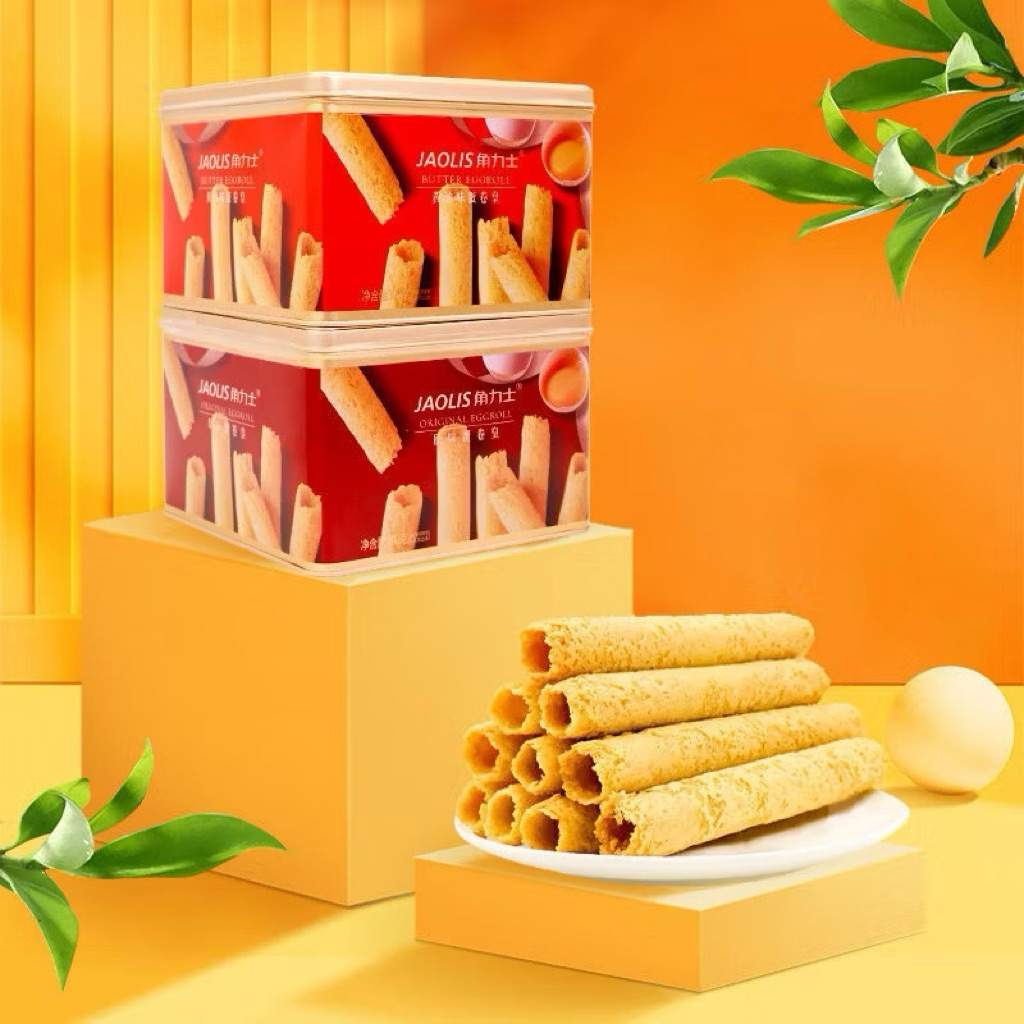 Bánh Quế Trứng Cuộn Bơ JAOLIS – Bánh Trứng Cuộn Giòn Tan, Thơm Béo Hộp thiếc Đỏ to Cao Cấp