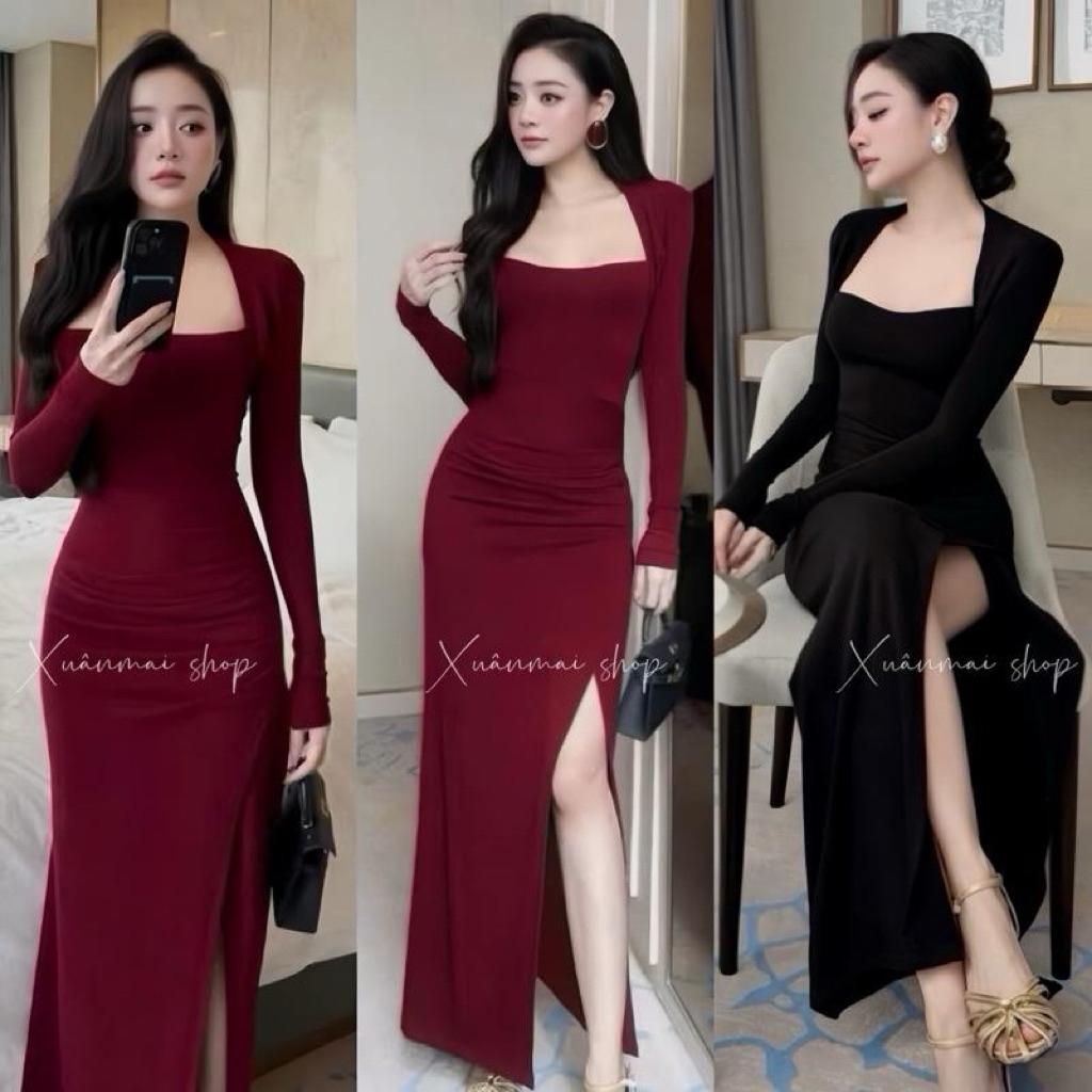 Đầm TAY DÀI CỔ VUÔNG XẺ TÀ cổ vuông bo vai xẻ tà dáng dài chất Ladong Xuân Mai Shop
