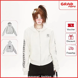 Áo khoác nỉ GRADPOPU in hình chữ thập có mũ trùm đầu độc đáo và thời trang dành cho nữ PH435