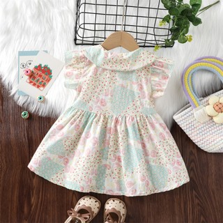 Váy hoa tiểu thư bé gái 9th-4 tuổi vải thô cotton mềm mát cổ búp bê dễ thương D1255 Bí Ngô Nhỏ