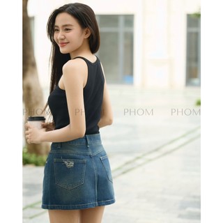 Chân váy jean nữ mùa hè PHOM dáng chữ A (có bigsize) cạp cao PV05