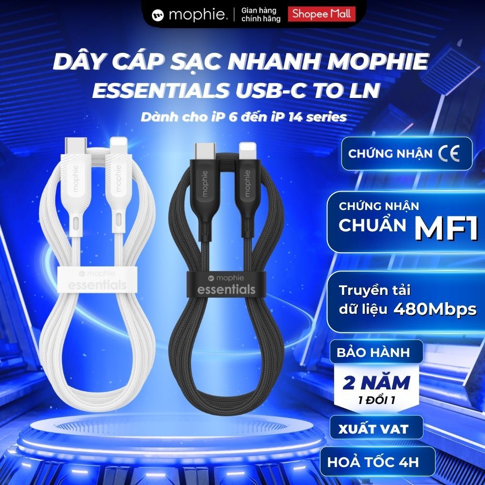 [Chuẩn MFl] Dây Cáp Sạc Nhanh Mophie Essentials 60W USB-C to LN Dành Cho IP 6 đến 14 Series, Chính Hãng, BH 2 Năm