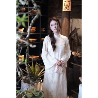 ZIMM STORE-Áo dài nữ trắng họa tiết thêu hoa