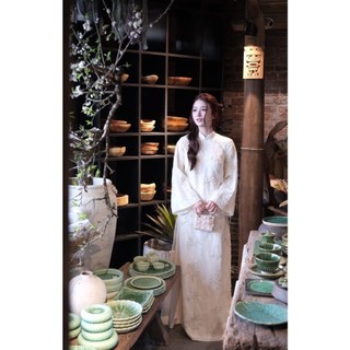 ZIMM STORE-Áo dài nữ trắng họa tiết thêu hoa