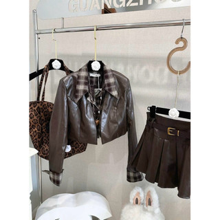 •𝙆𝙞𝙣𝙜𝙨𝙝𝙤𝙥𝙗𝙚𝙖𝙪𝙩𝙮•Set Da Nâu Phối Cổ Kẻ Kèm Belt QC