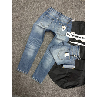 quần bò dài nam dk boutique màu xanh trơn tag gương hoạ tiết cạp điẻm nhấn,vải dầy mềm co dãn nhẹ giữ phom bền màu