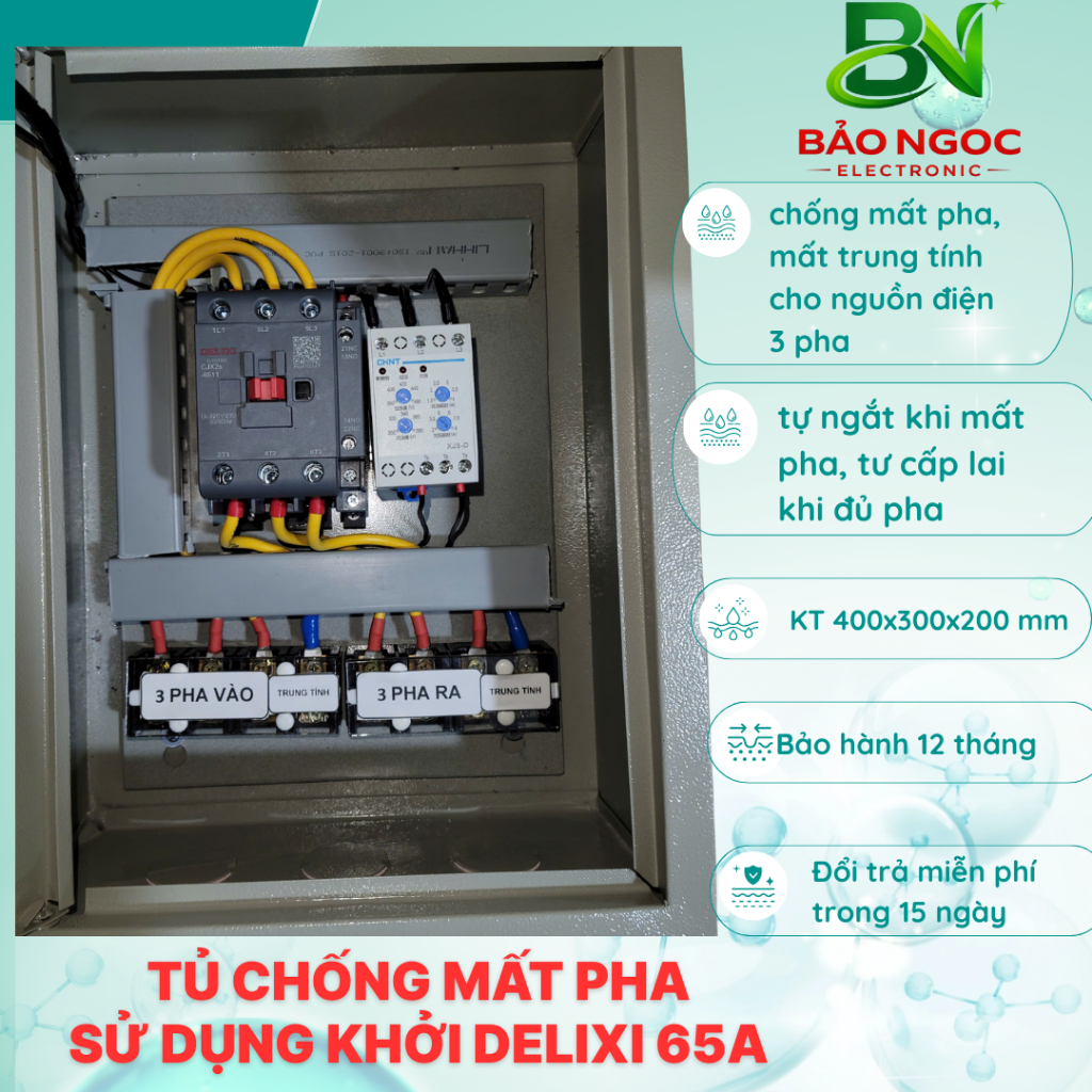 Tủ điện 3 pha 65A-100A bảo vệ mất pha, trung tính, chống chập quá tải, cao áp thấp áp bằng Shunt trip hoặc KHỞI ĐỘNG TỪ
