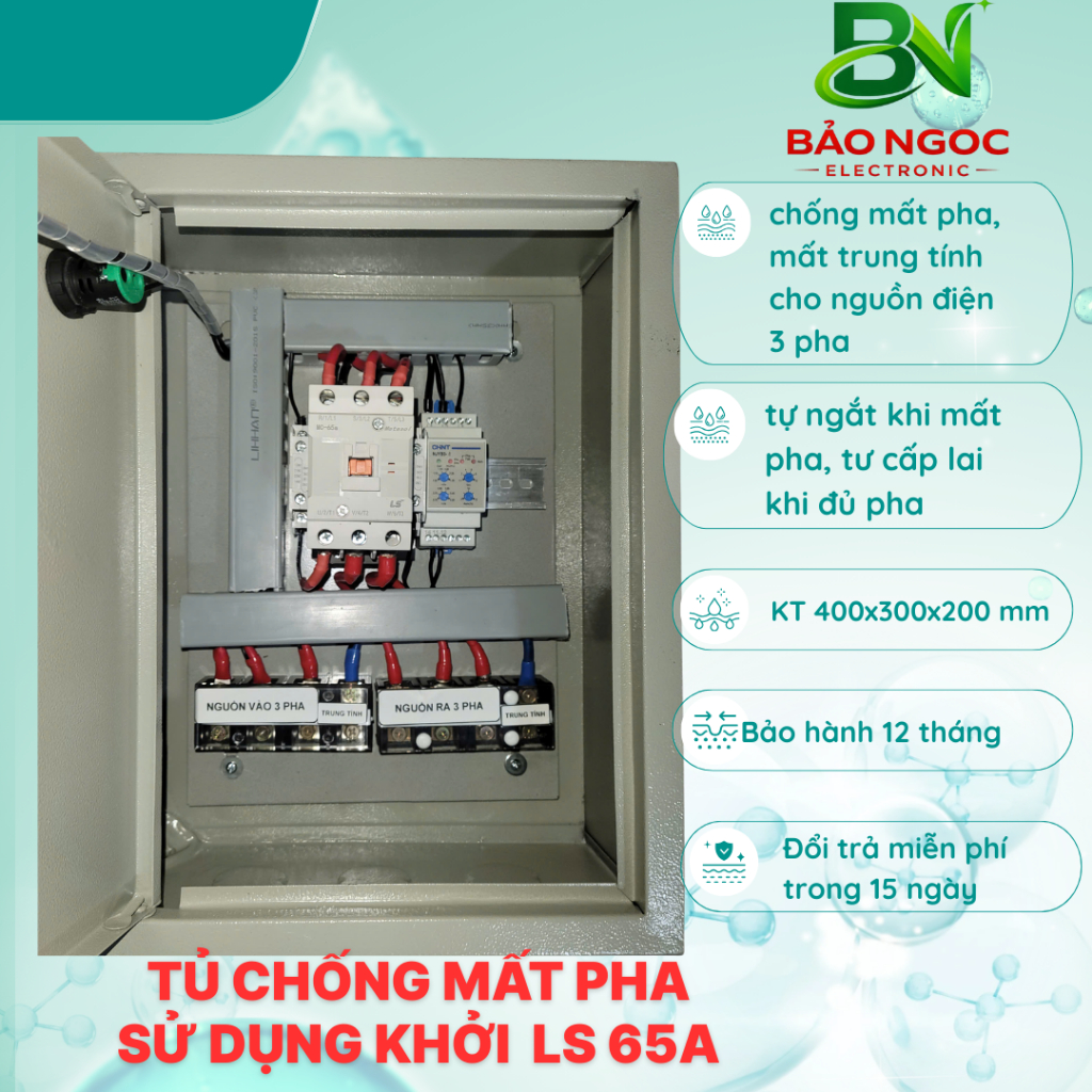 Tủ điện 3 pha 65A-100A bảo vệ mất pha, trung tính, chống chập quá tải, cao áp thấp áp bằng Shunt trip hoặc KHỞI ĐỘNG TỪ