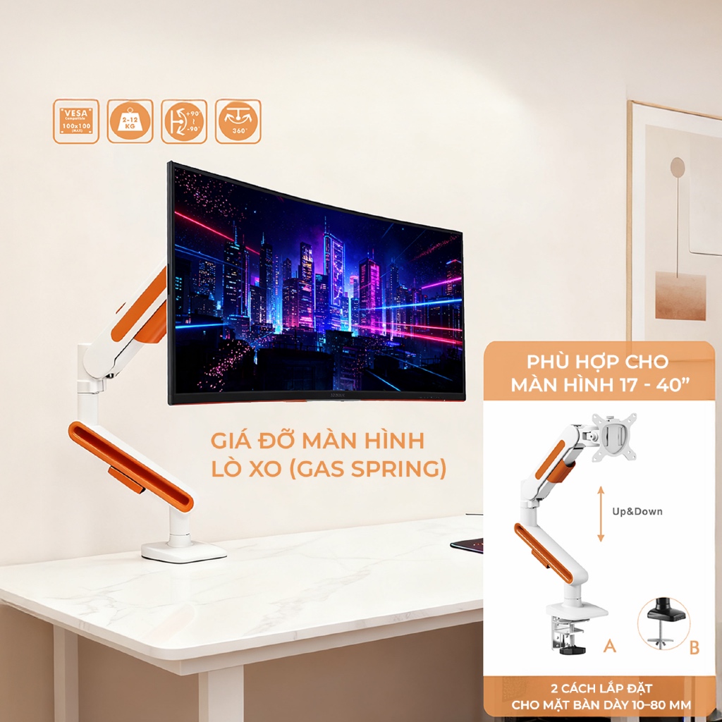 Monitor Arm 17–40” Trắng/Cam | Gas Spring | Kẹp Bàn | Xoay 360 | 12kg