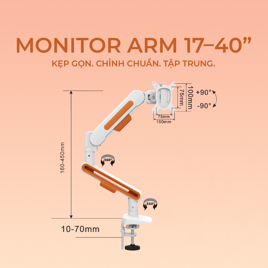 Monitor Arm 17–40” Trắng/Cam | Gas Spring | Kẹp Bàn | Xoay 360 | 12kg