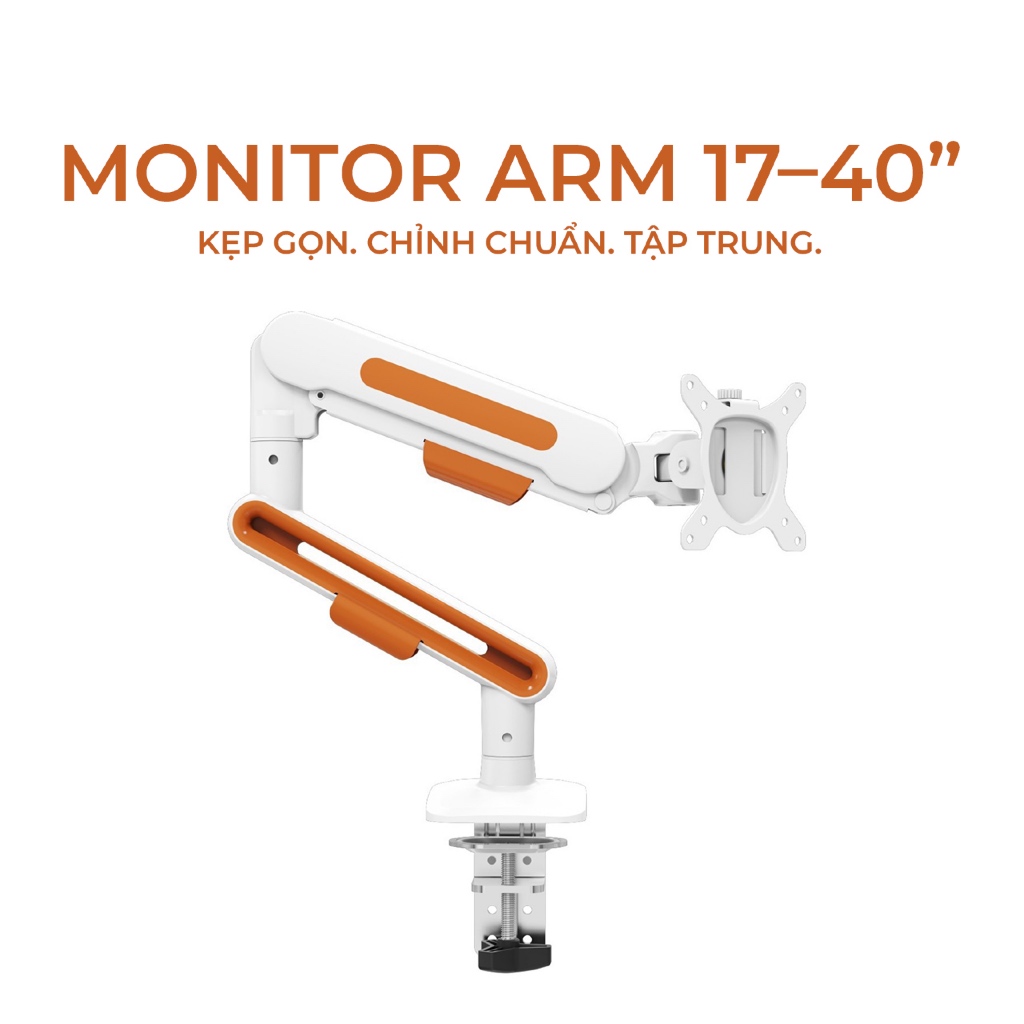 Monitor Arm 17–40” Trắng/Cam | Gas Spring | Kẹp Bàn | Xoay 360 | 12kg