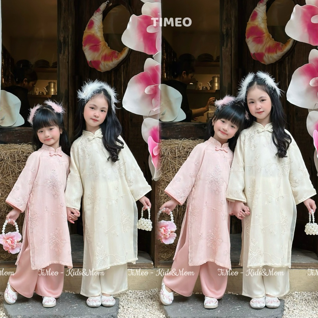 TiMeo (Tết 2026) - Áo dài thiết kế mẹ và bé Thiên My, vải tơ kim sa cao cấp, tặng kèm hoa cài tóc