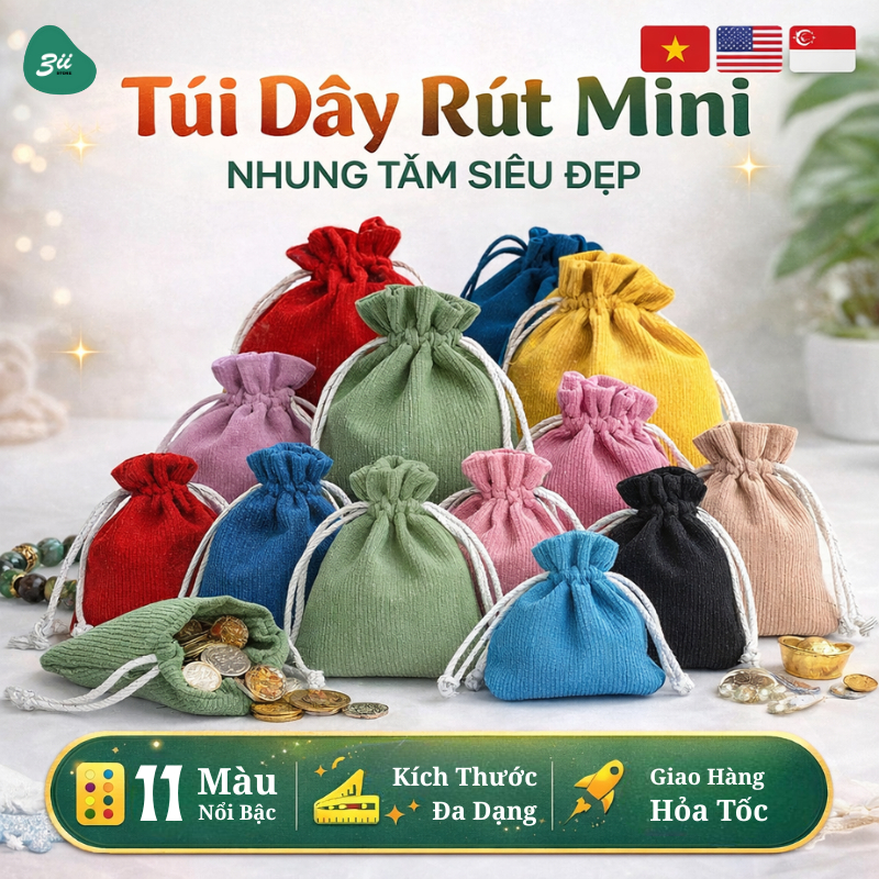 Túi dây rút mini nhung tăm 3II STORE 11 màu đựng trang sức quà tặng đồ ...