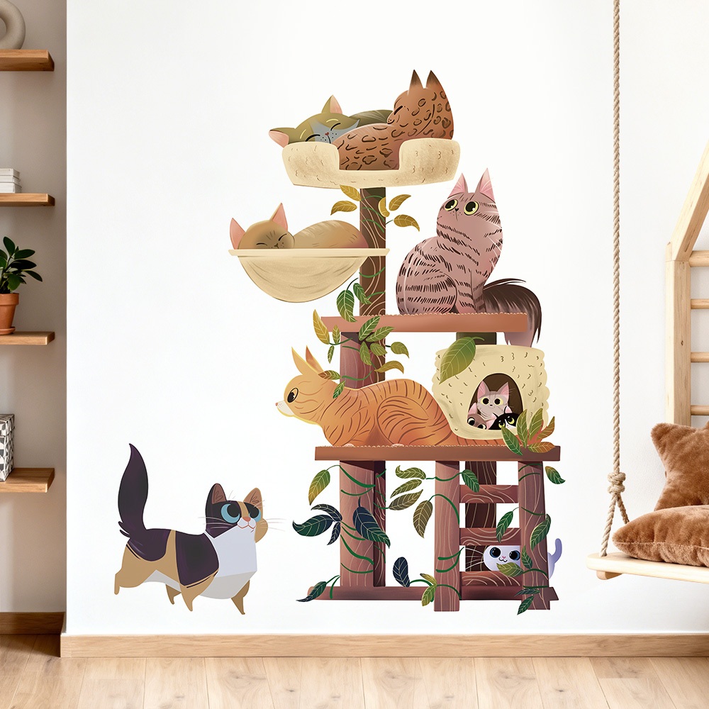 Decal Dán Tường Cây Mèo Dễ Thương Có Keo Sẵn 75x90cm - Trang Trí Phòng Ngủ