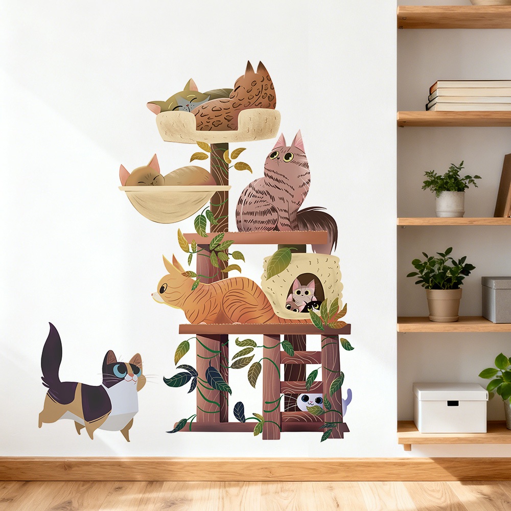 Decal Dán Tường Cây Mèo Dễ Thương Có Keo Sẵn 75x90cm - Trang Trí Phòng Ngủ