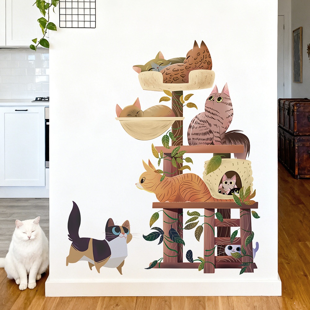 Decal Dán Tường Cây Mèo Dễ Thương Có Keo Sẵn 75x90cm - Trang Trí Phòng Ngủ