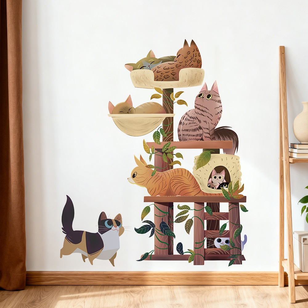 Decal Dán Tường Cây Mèo Dễ Thương Có Keo Sẵn 75x90cm - Trang Trí Phòng Ngủ