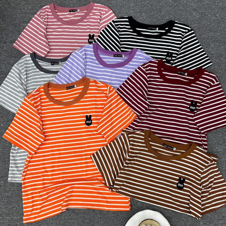 Áo Thun Nữ Cổ Tròn Tay Ngắn Kẻ Sọc Thêu Họa Tiết Thỏ MIN Trước Ngực Chất Cotton Mềm Mịn ESHOP MS285