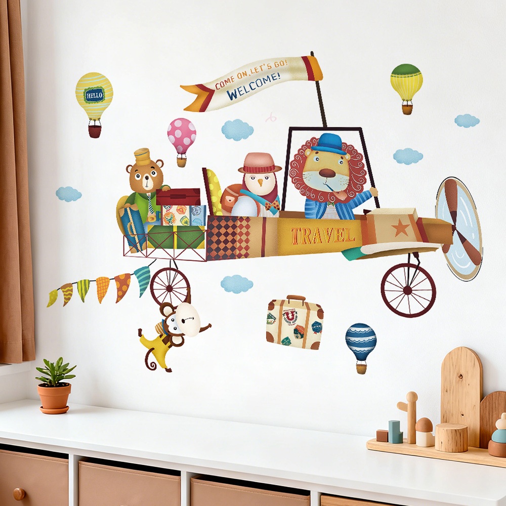 Decal Dán Tường Máy Bay Chở Động Vật Có Keo Sẵn 100x72cm - Trang Trí Dán Tường Phòng Bé