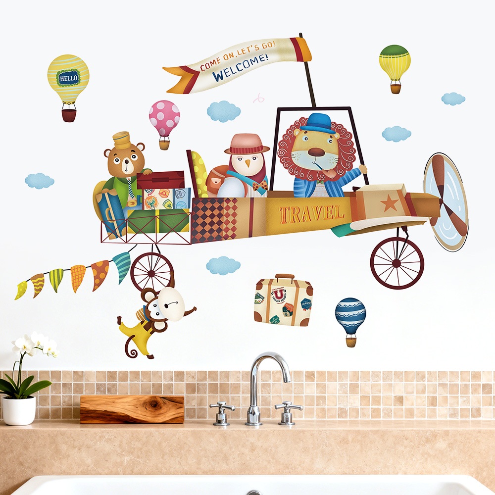 Decal Dán Tường Máy Bay Chở Động Vật Có Keo Sẵn 100x72cm - Trang Trí Dán Tường Phòng Bé